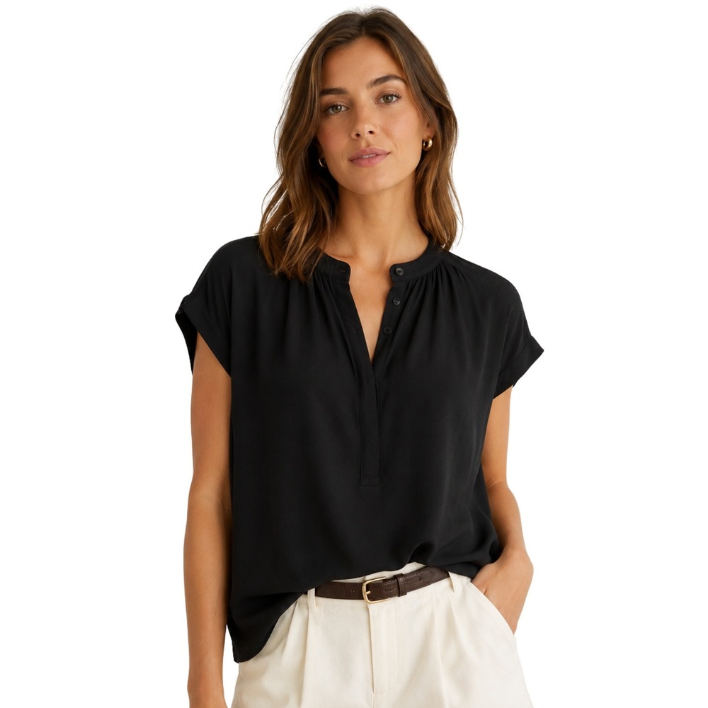 Vince Top Womens XS Black 100% Silk Band Collar Short Sleeve Minimalist Preppy